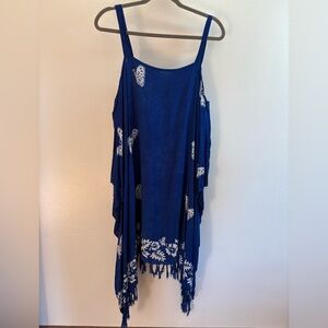 Pineapple Moon Blue Butterfly Bhatik Cold-Shoulder Hawaiian Midi Dress OS